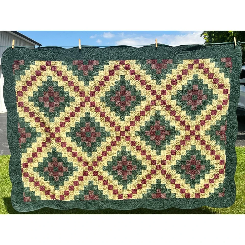 Irish Chain Quilt Throw Green Burgundy Cream Scalloped Machine Quilted 54